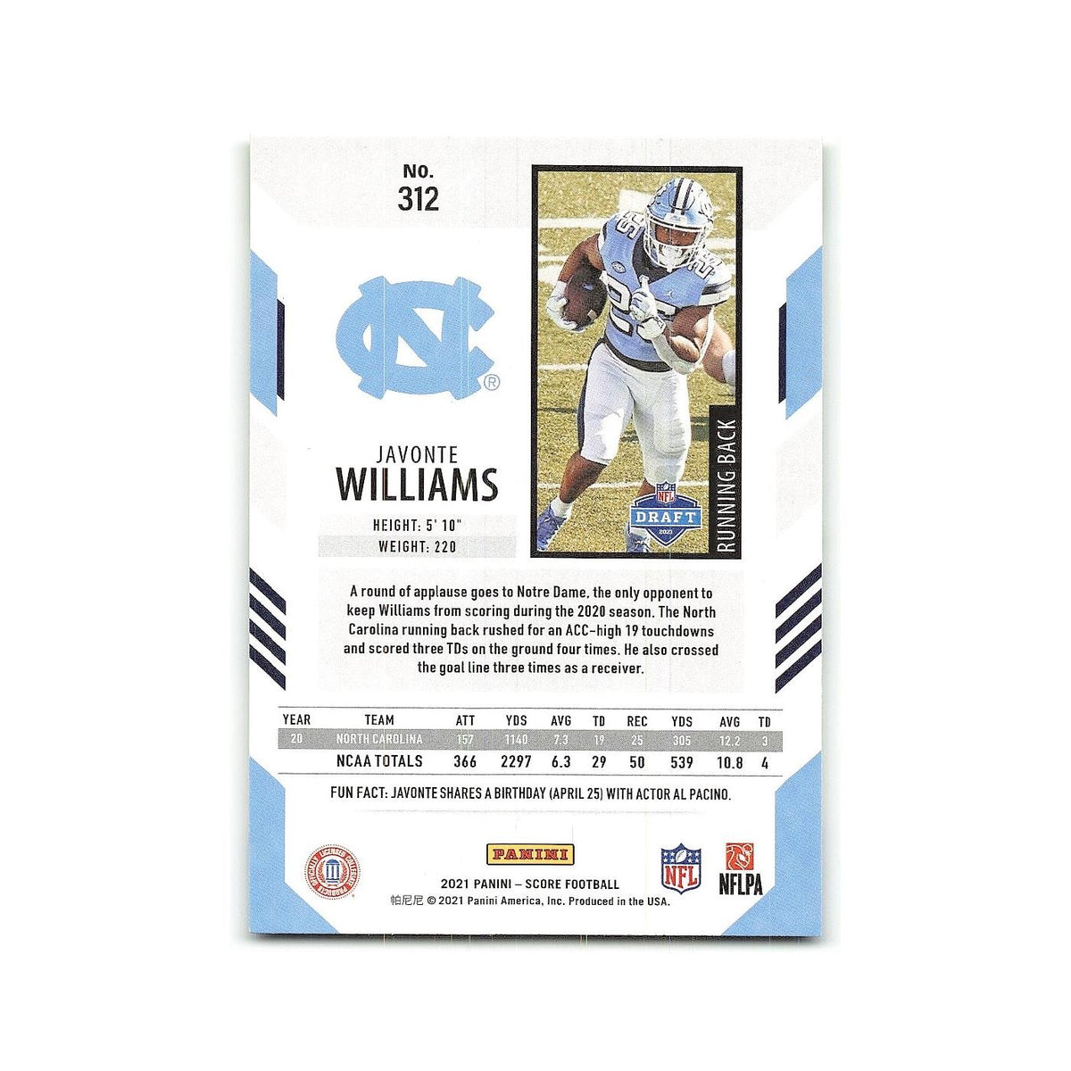 Javonte Williams Rookie 2021 Score #312 North Carolina Tar Heels NM