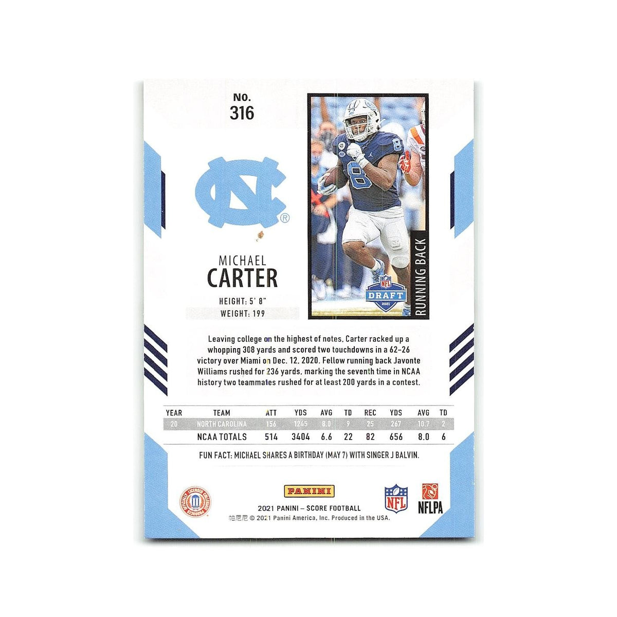 Michael Carter Rookie 2021 Score #316 North Carolina Tar Heels Football Card NM