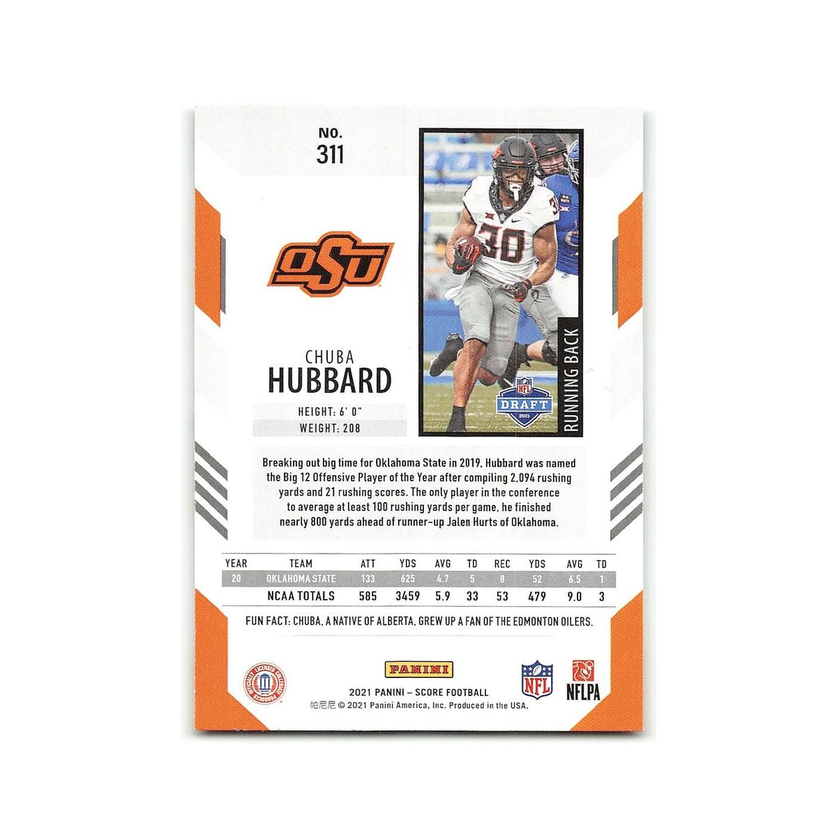 Chuba Hubbard Rookie 2021 Score #311 Oklahoma State Cowboys Football Card NM