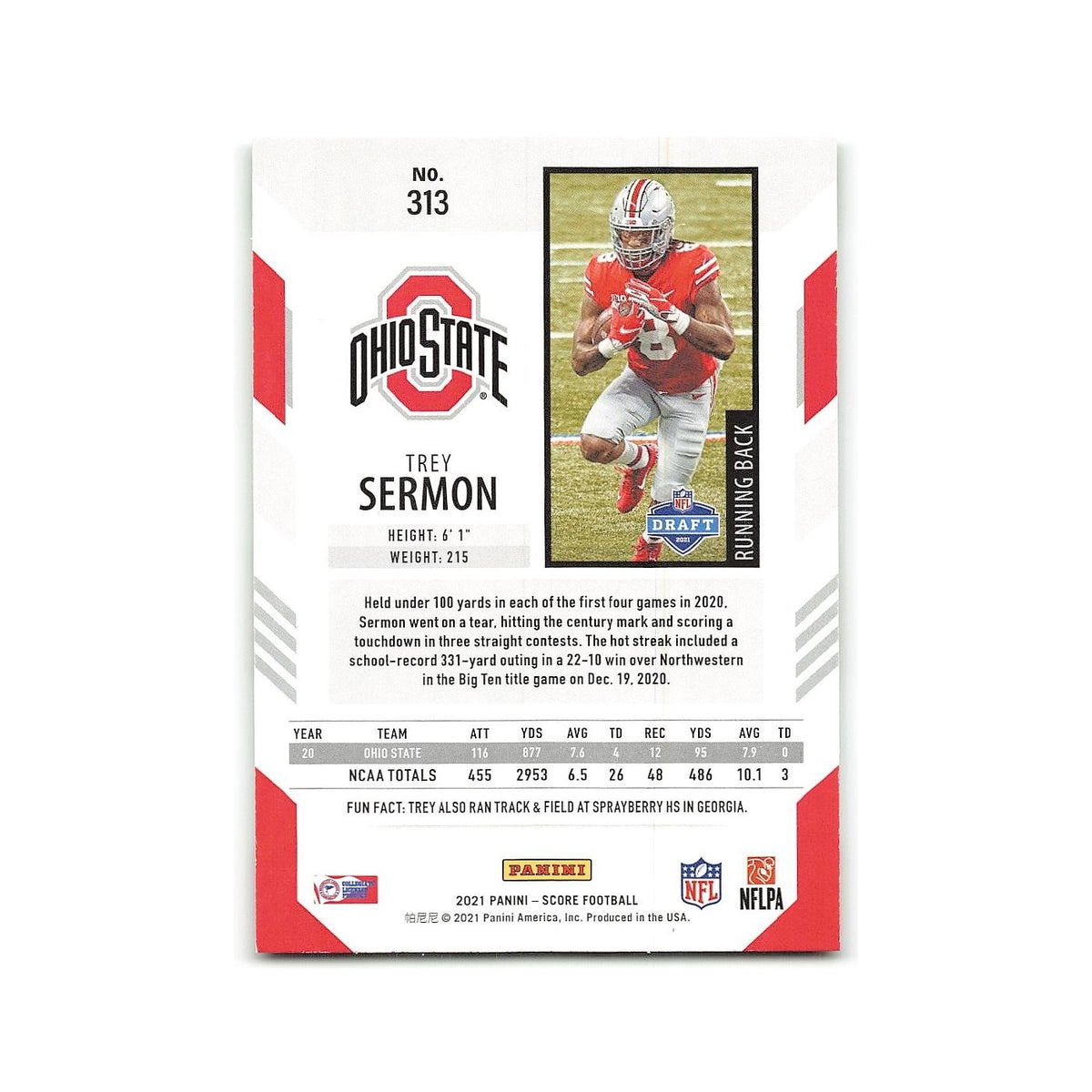 Trey Sermon Rookie 2021 Score #313 Ohio State Buckeyes Football Card NM