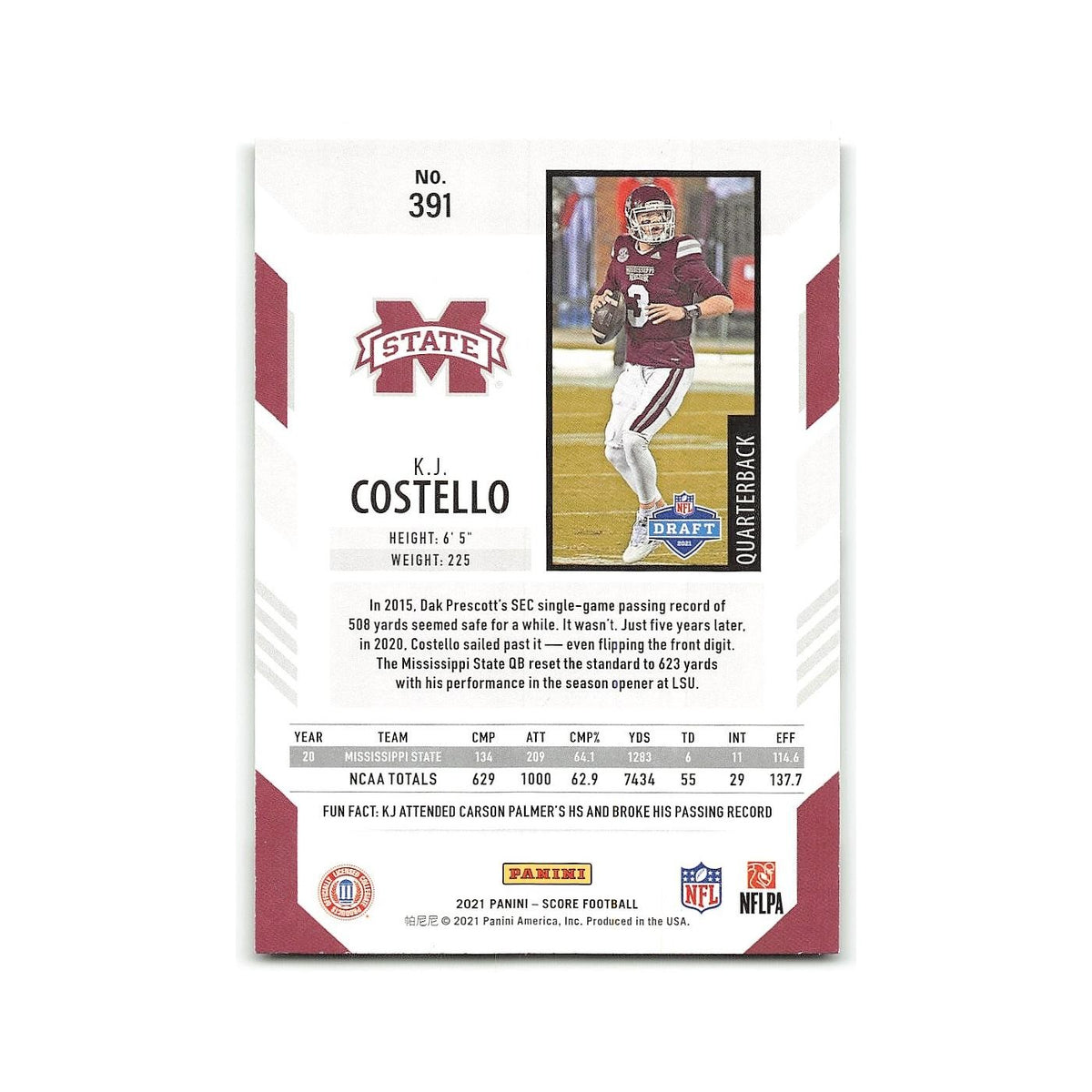 K.J. Costello Rookie 2021 Score #391 Mississippi State Bulldogs Football Card NM