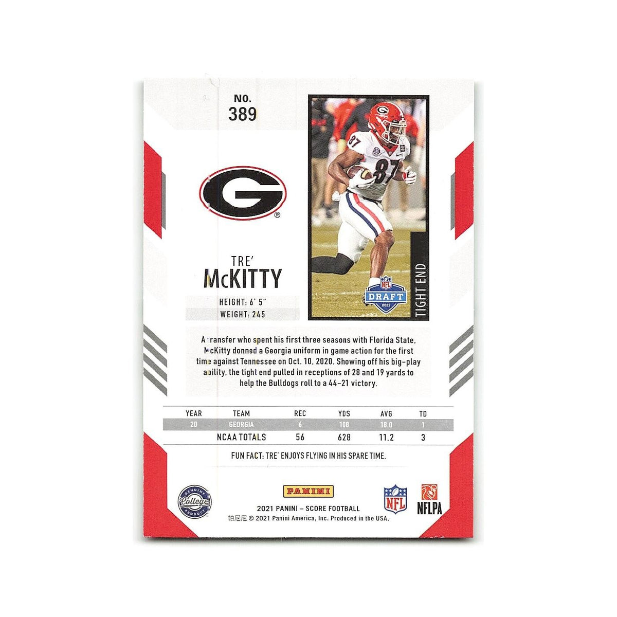 Tre' McKitty Rookie 2021 Score #389 Georgia Bulldogs Football Card NM