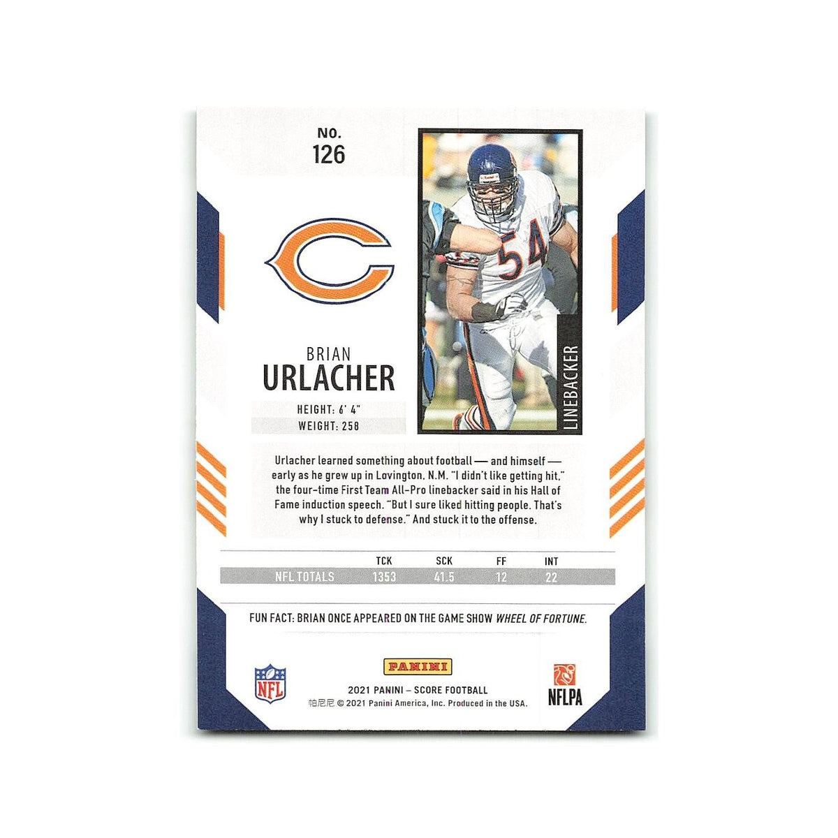 Brian Urlacher 2021 Score #126 Chicago Bears Football Card NM