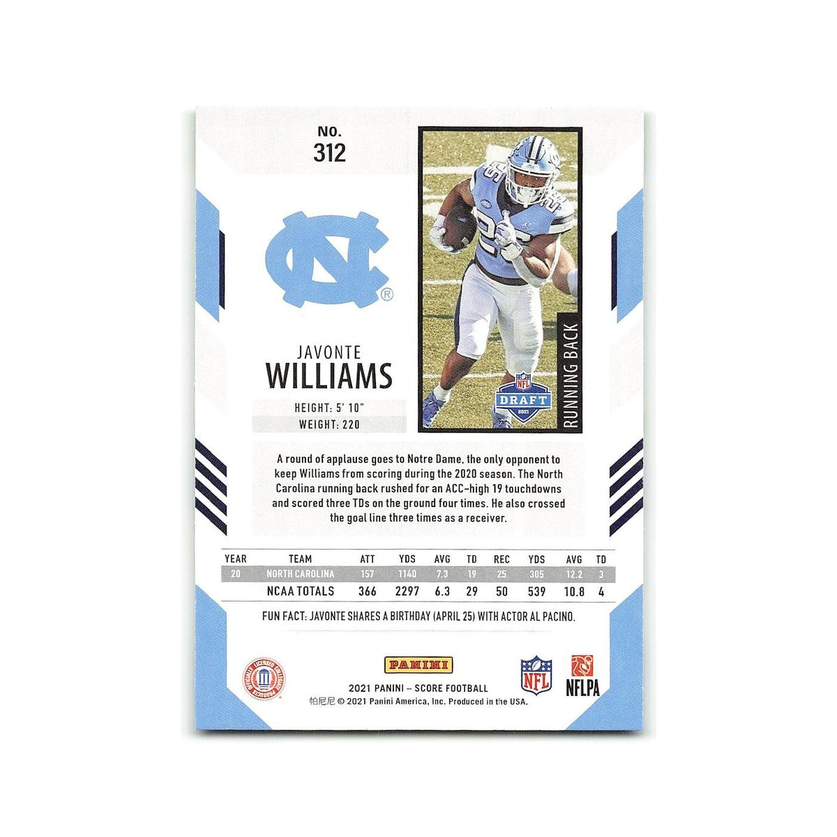 Javonte Williams Rookie 2021 Score #312 North Carolina Tar Heels NM