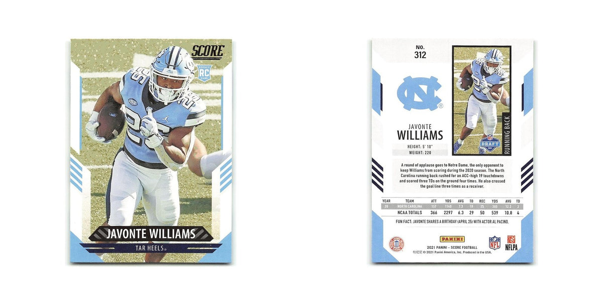 Javonte Williams Rookie 2021 Score #312 North Carolina Tar Heels NM