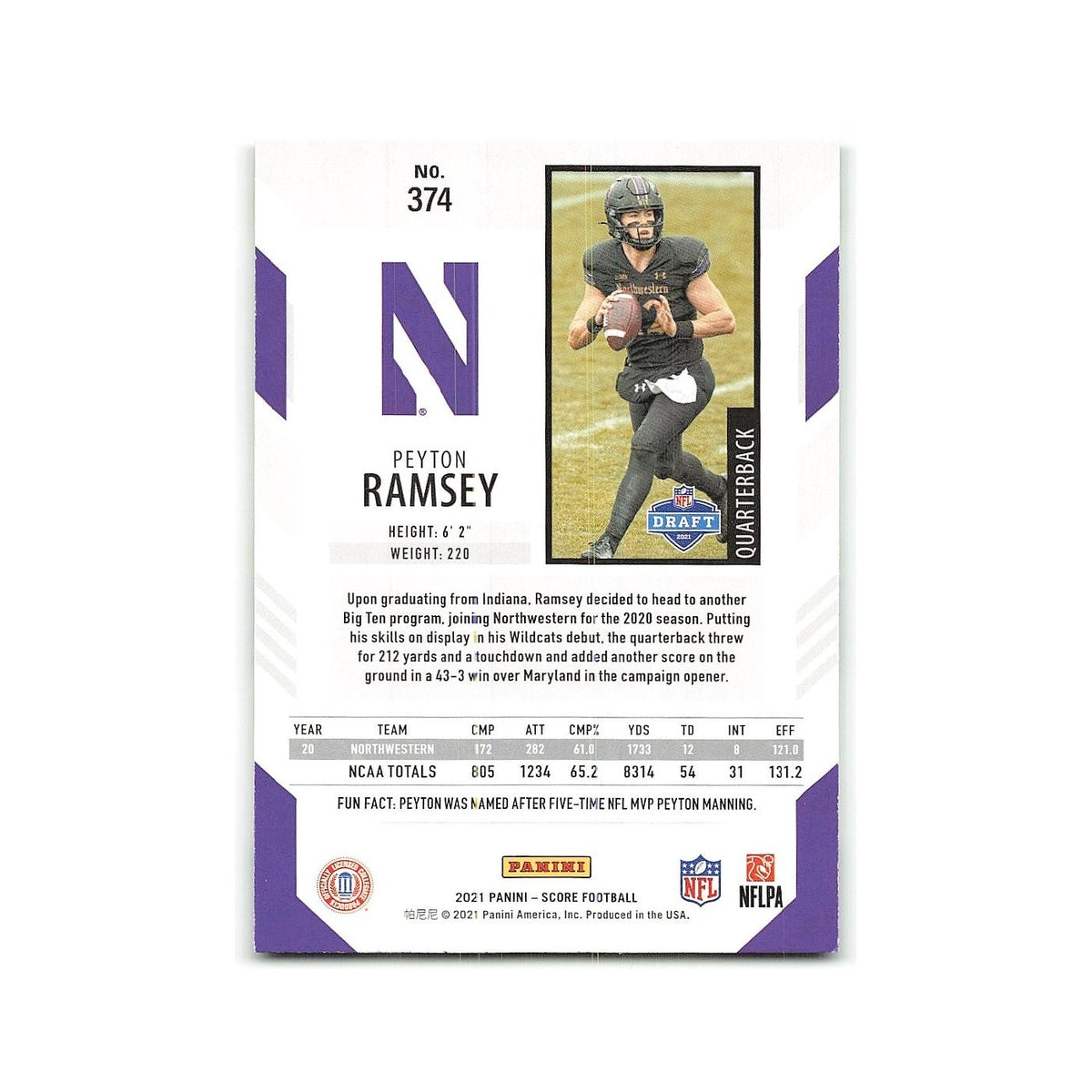 Peyton Ramsey Rookie 2021 Score #374 Northwestern Wildcats Football Card NM