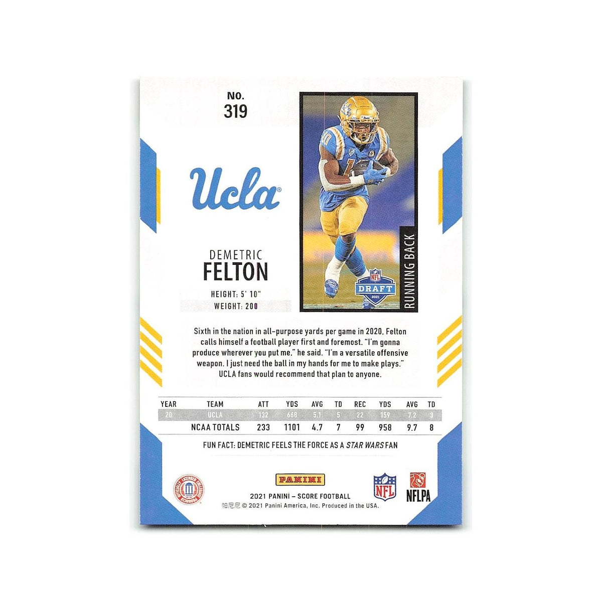 Demetric Felton Rookie 2021 Score #319 UCLA Bruins Football Card NM