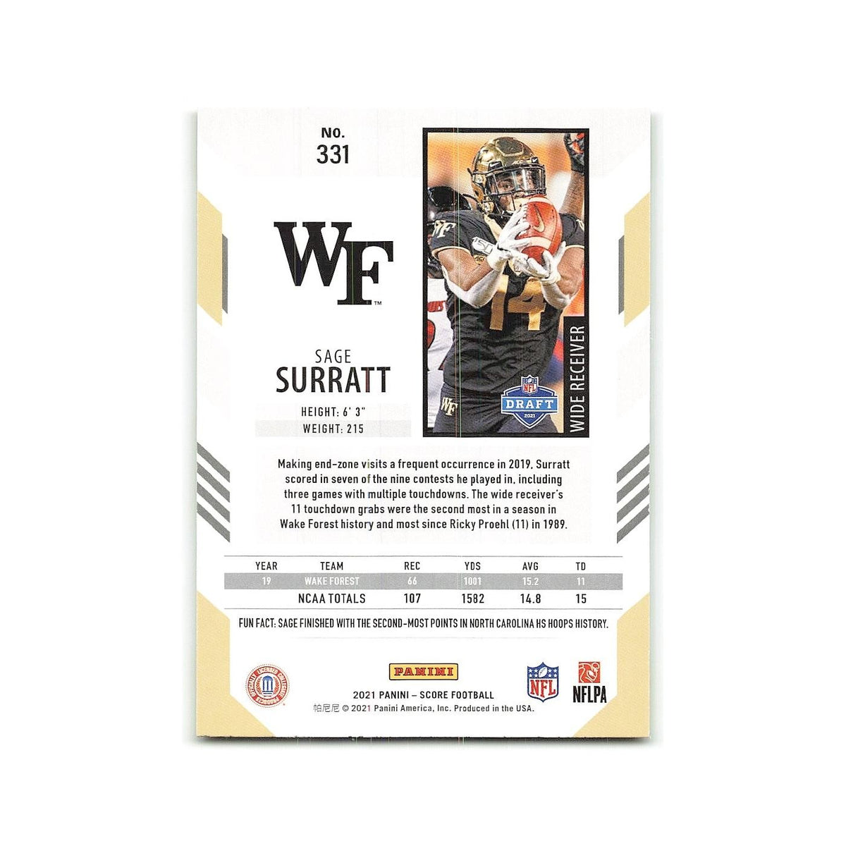 Sage Surratt Rookie 2021 Score #331 Wake Forest Demon Deacons Football Card NM