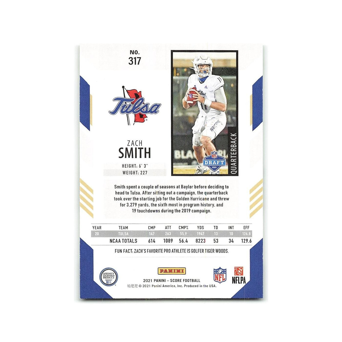 Zach Smith Rookie 2021 Score #317 Tulsa Golden Hurricane Football Card NM