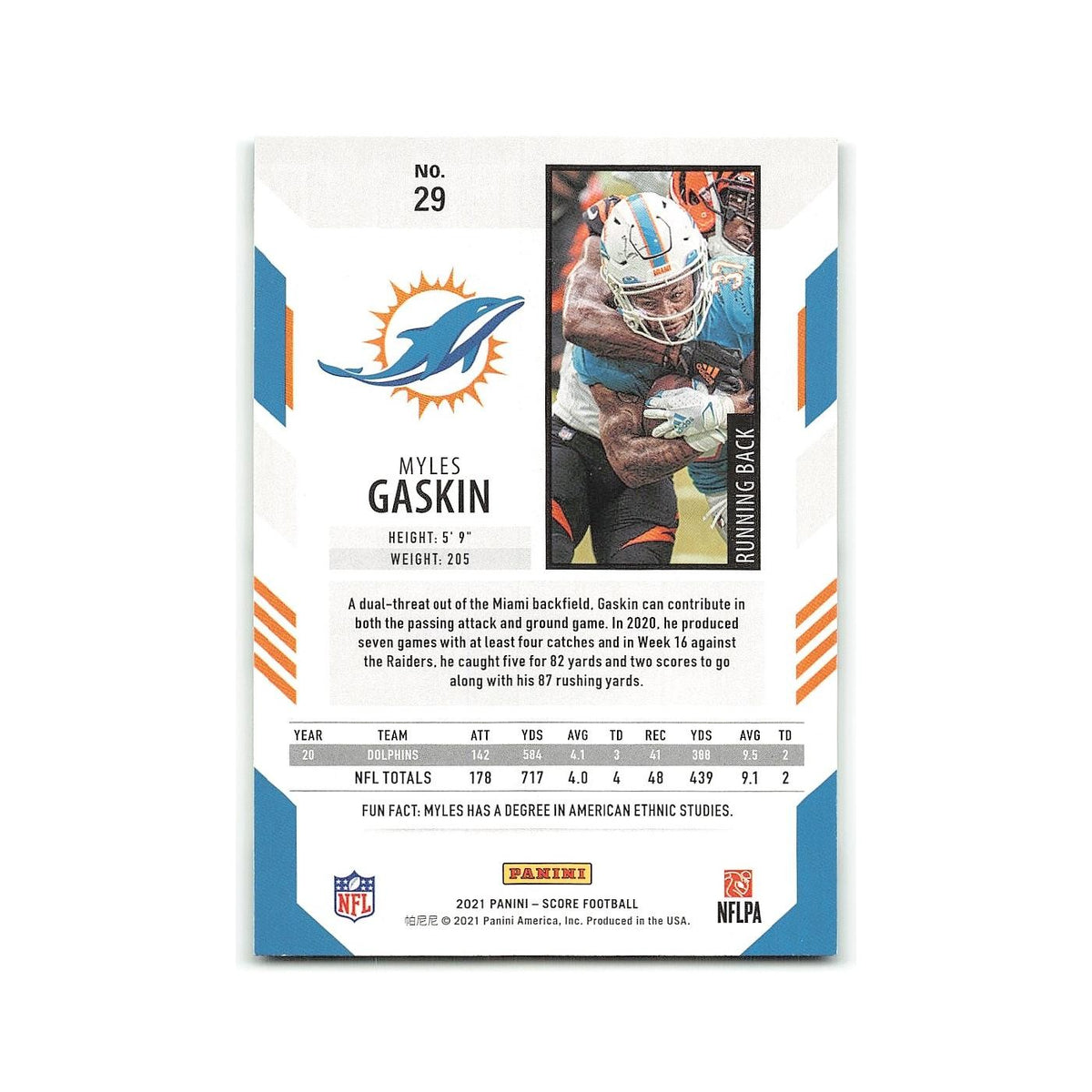 Myles Gaskin 2021 Score #29 Miami Dolphins Football Card NM