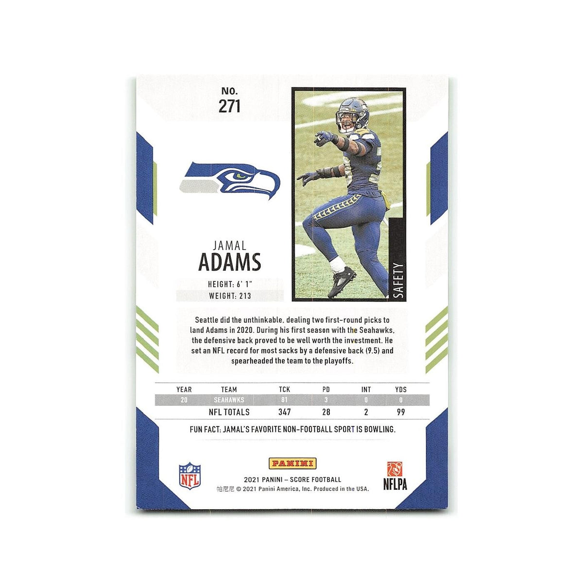 Jamal Adams 2021 Score #271 Seattle Seahawks Football Card NM