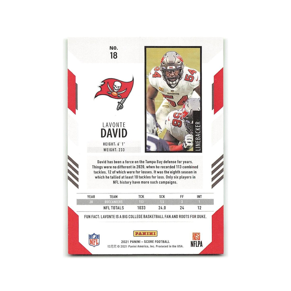Lavonte David 2021 Score #18 Tampa Bay Buccaneers Football Card NM