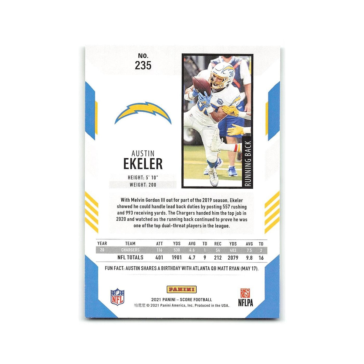 Austin Ekeler 2021 Score #235 Los Angeles Chargers Football Card NM