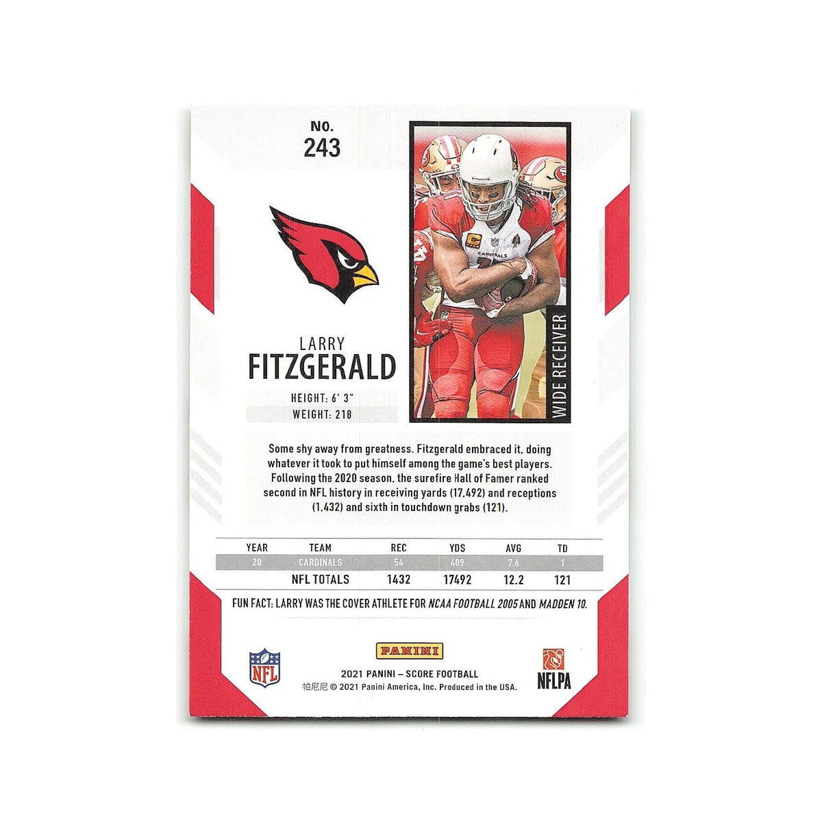 Larry Fitzgerald 2021 Score #243 Arizona Cardinals Football Card NM