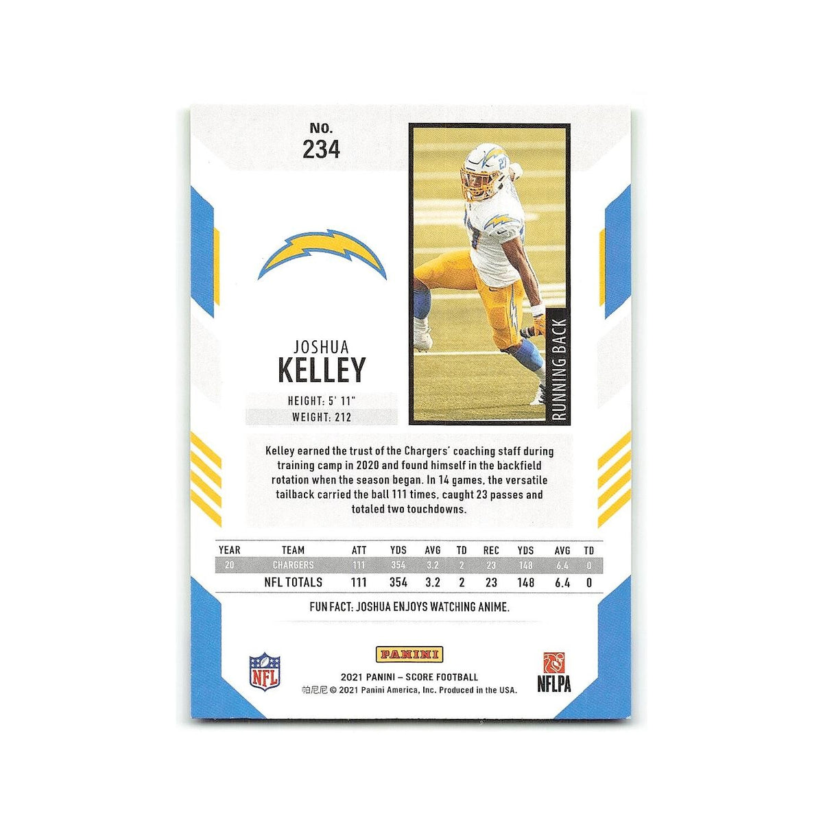 Joshua Kelley 2021 Score #234 Los Angeles Chargers Football Card NM