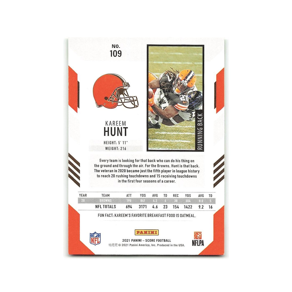 Kareem Hunt 2021 Score #109 Cleveland Browns Football Card NM