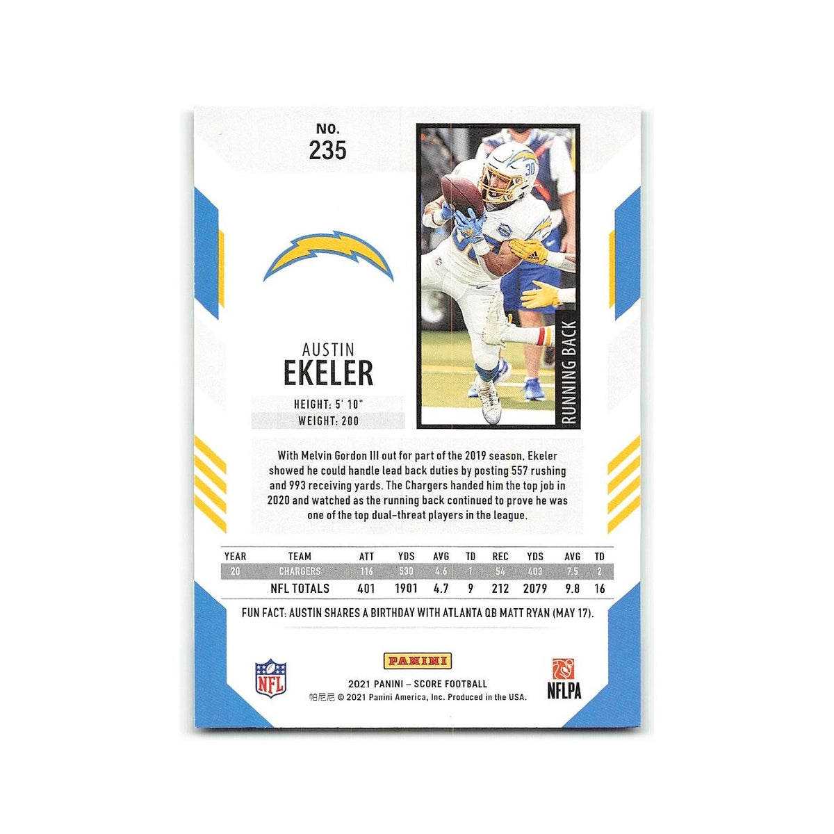Austin Ekeler 2021 Score #235 Los Angeles Chargers Football Card NM