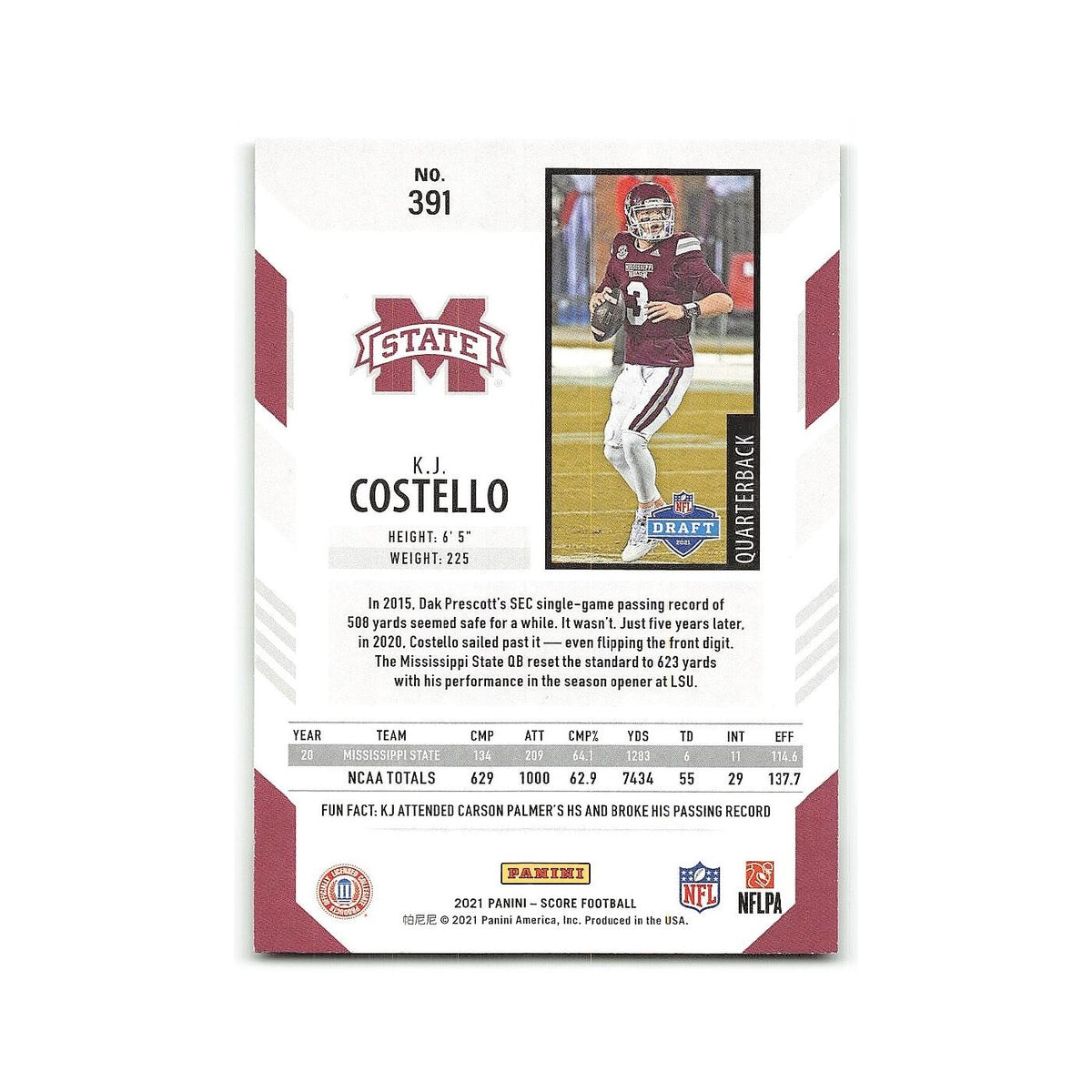 K.J. Costello Rookie 2021 Score #391 Mississippi State Bulldogs Football Card NM