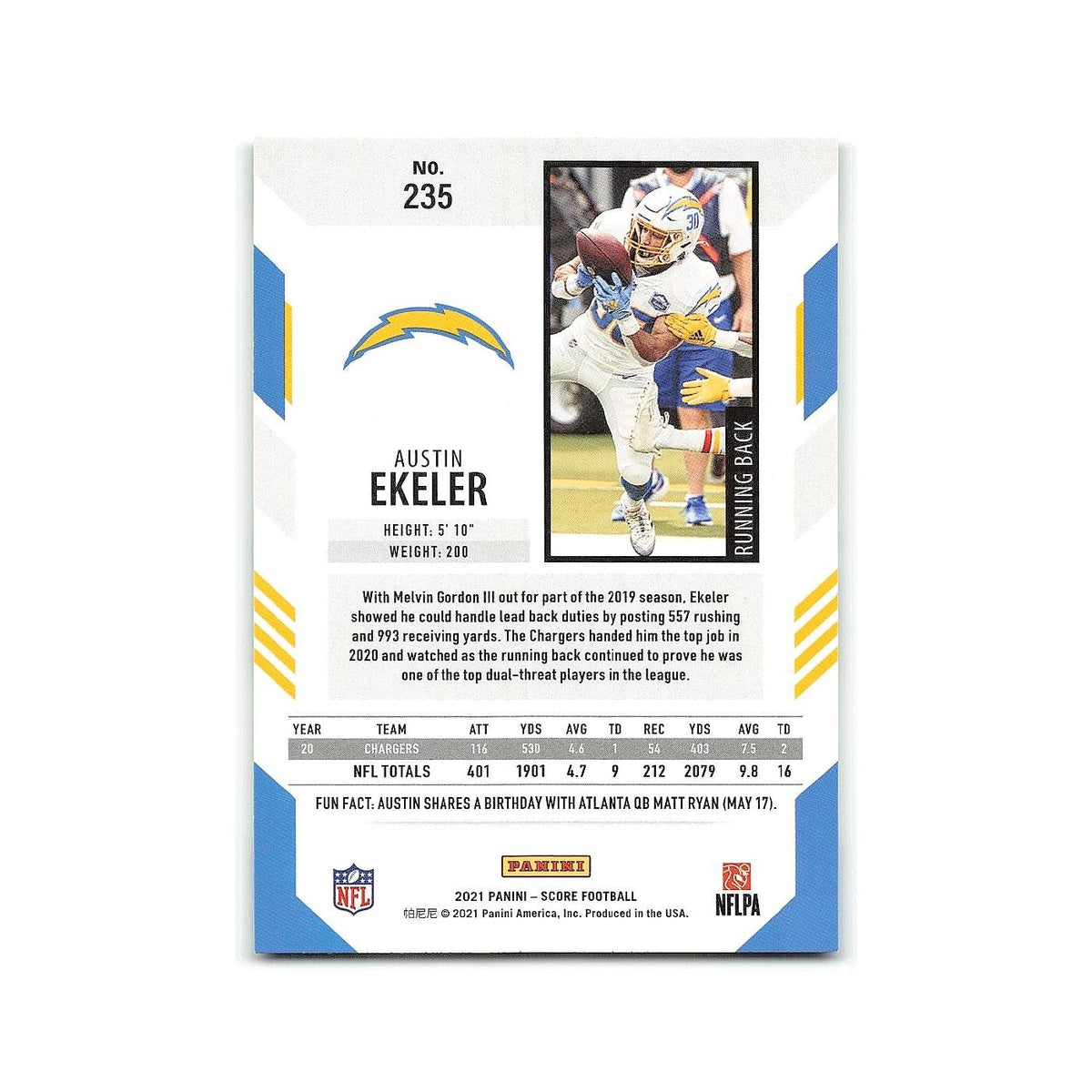 Austin Ekeler 2021 Score #235 Los Angeles Chargers Football Card NM