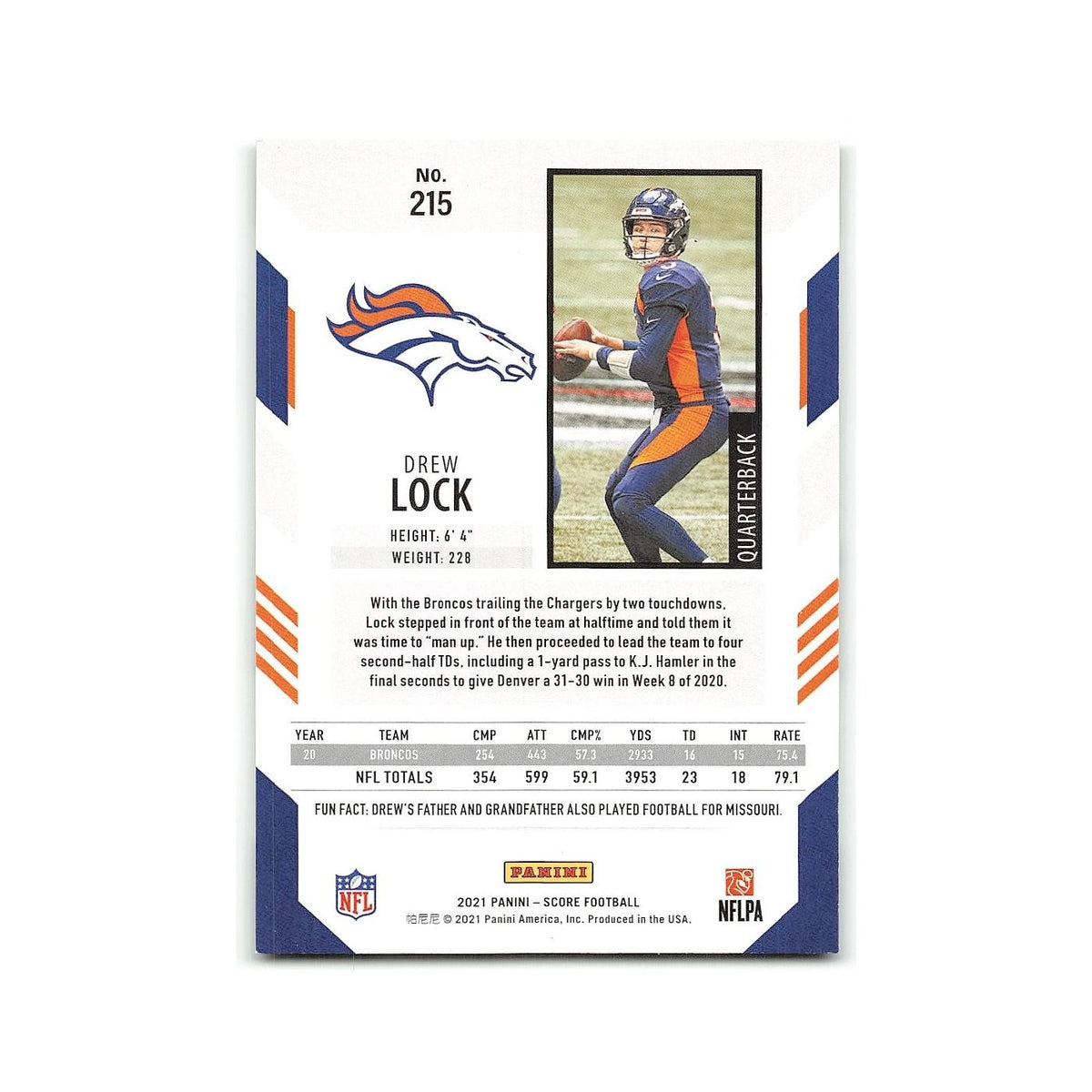 Drew Lock 2021 Score #215 Denver Broncos Football Card NM