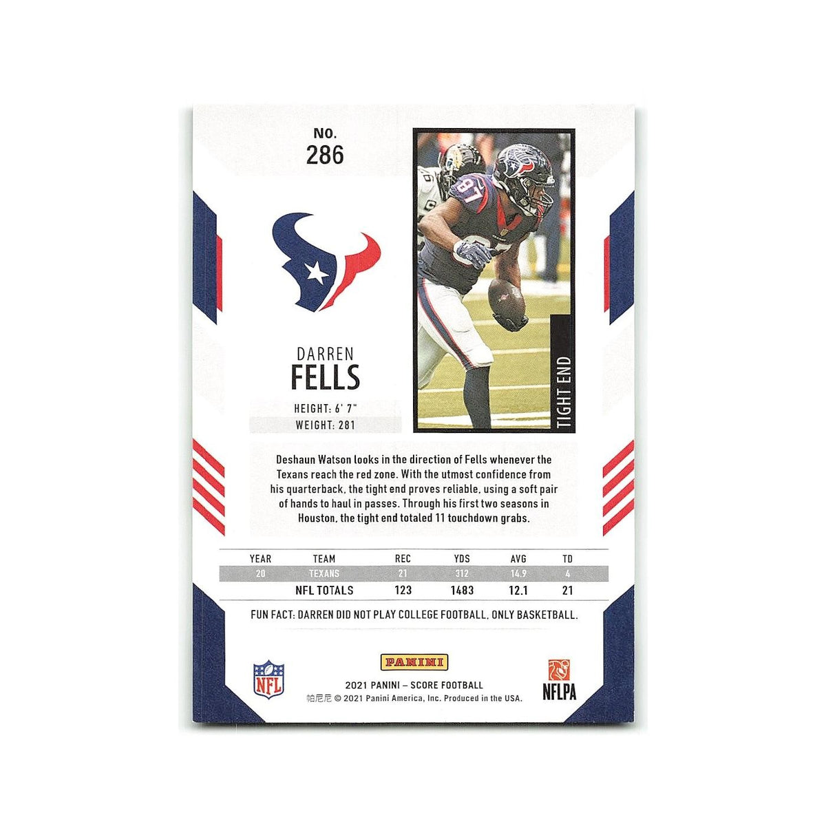 Darren Fells 2021 Score #286 Houston Texans Football Card NM