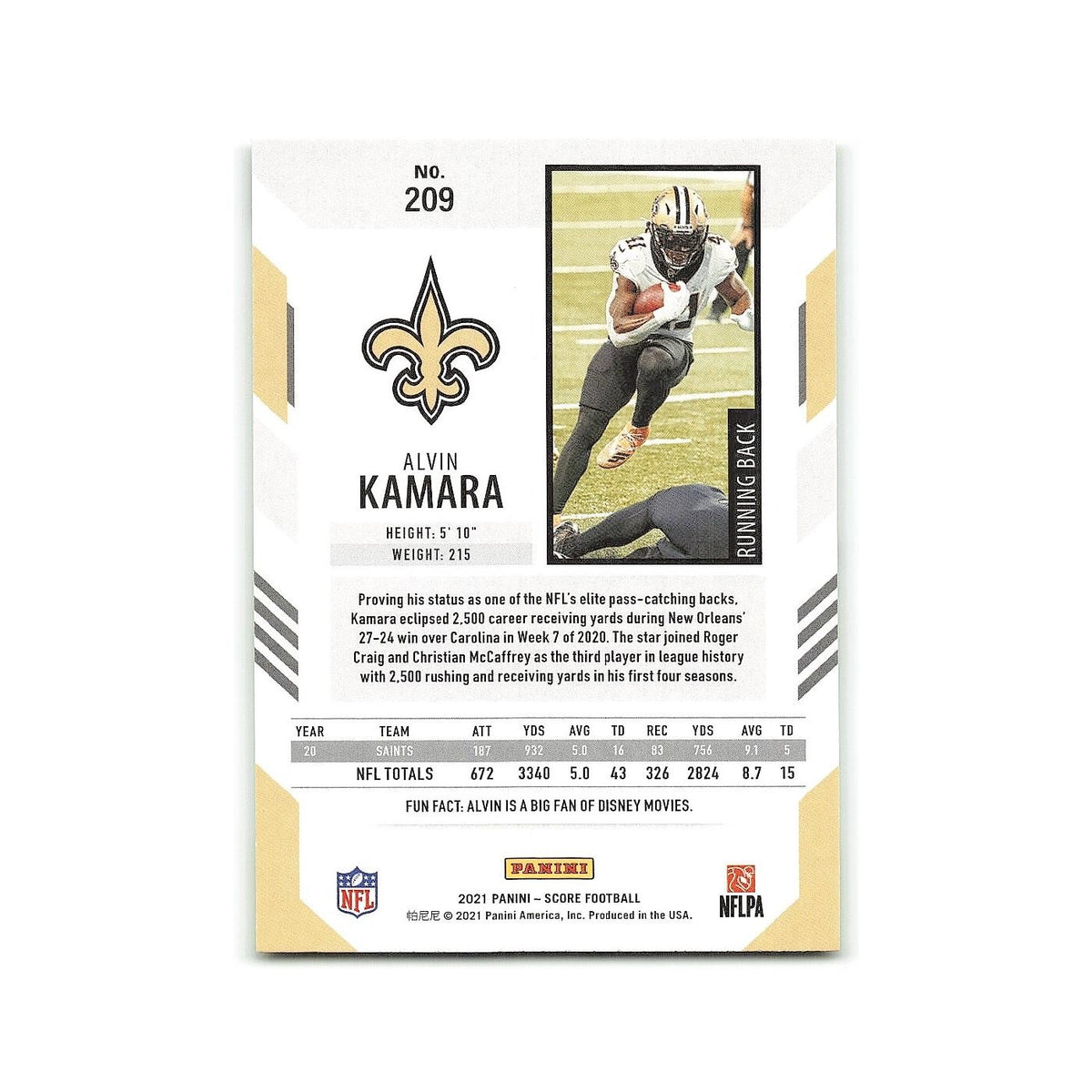 Alvin Kamara 2021 Score #209 New Orleans Saints Football Card NM