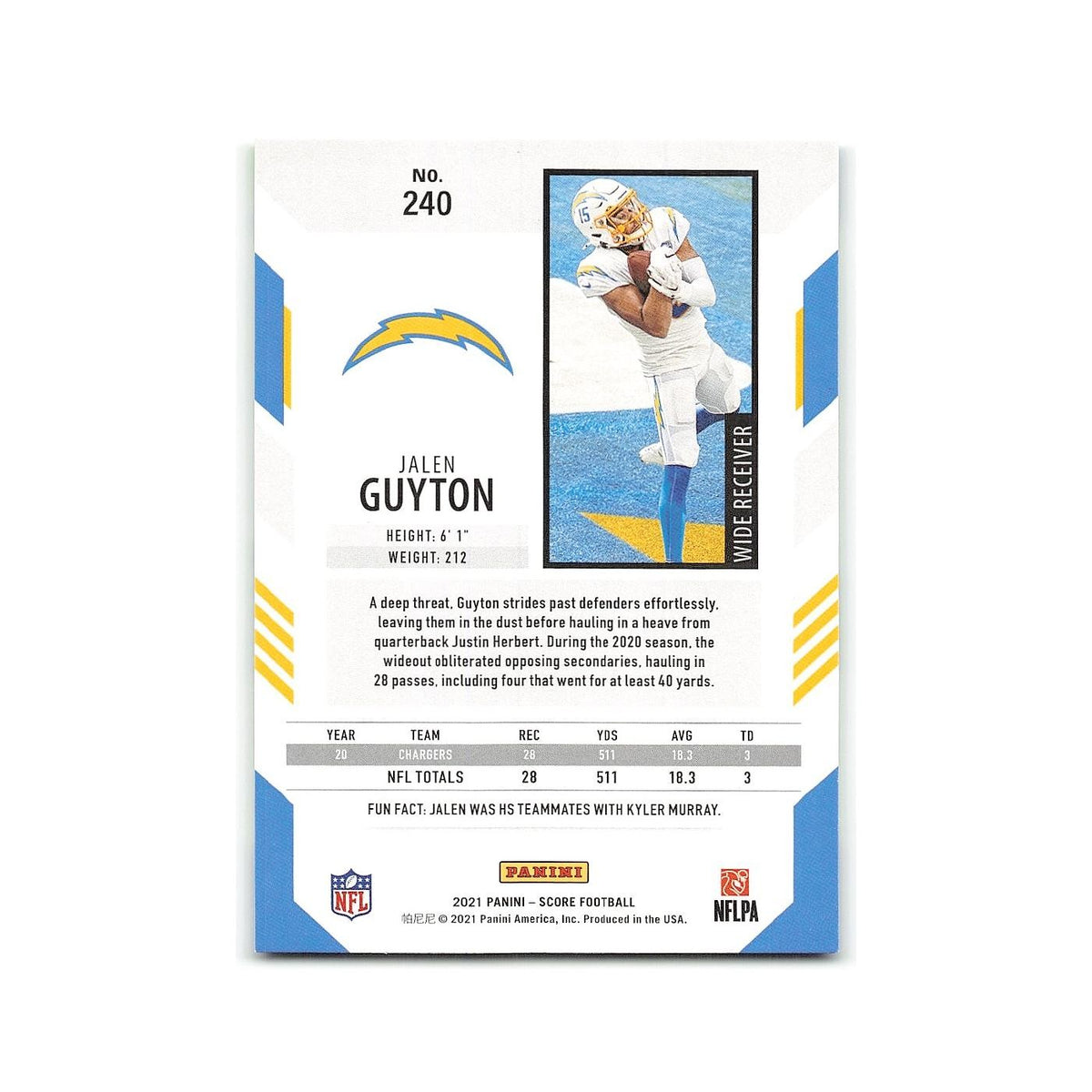Jalen Guyton 2021 Score #240 Los Angeles Chargers Football Card NM