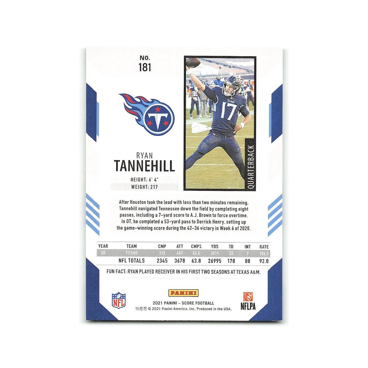 Ryan Tannehill 2021 Score #181 Tennessee Titans Football Card NM