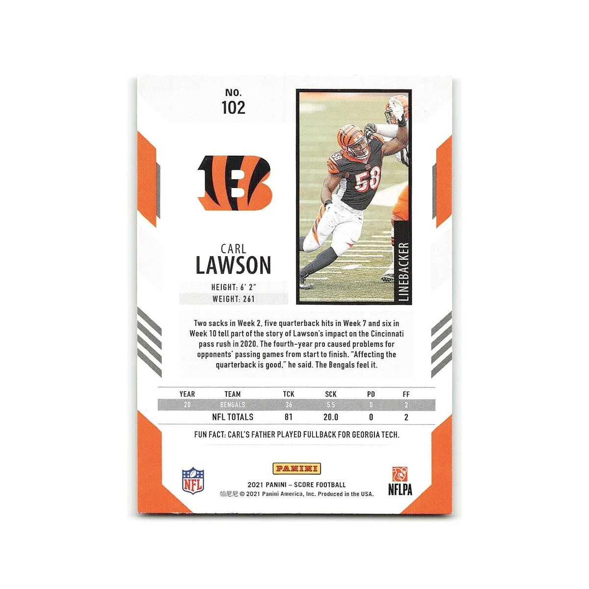 Carl Lawson 2021 Score Scorecard #102 Cincinnati Bengals Football Card NM