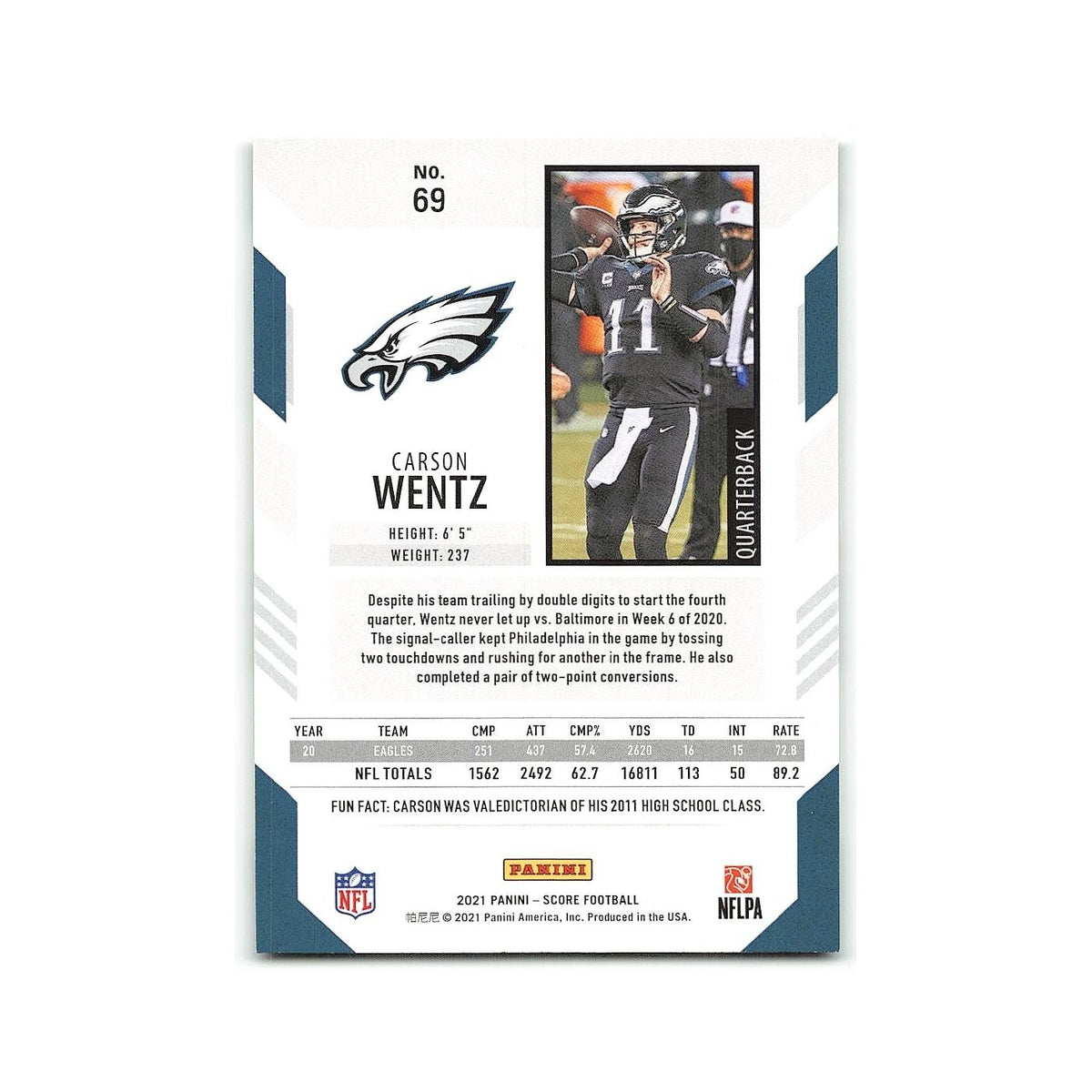 Carson Wentz 2021 Score #69 Philadelphia Eagles Football Card NM