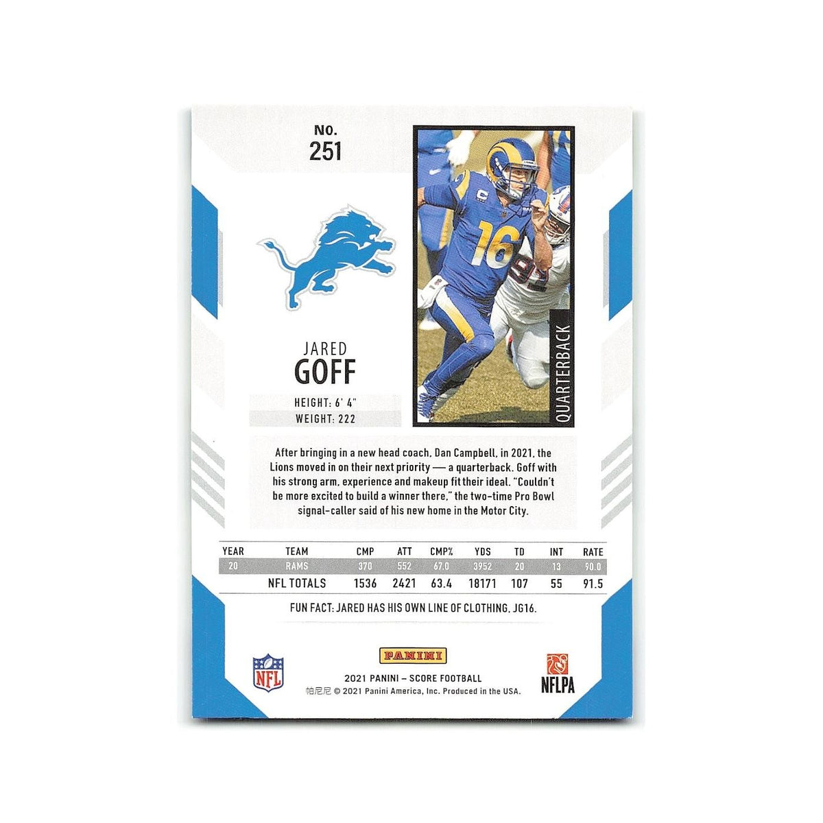 Jared Goff 2021 Score #251 Detroit Lions Football Card NM