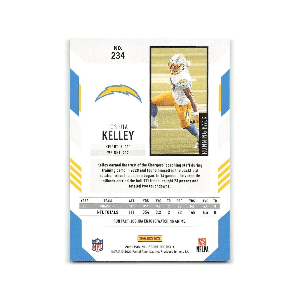 Joshua Kelley 2021 Score #234 Los Angeles Chargers Football Card NM