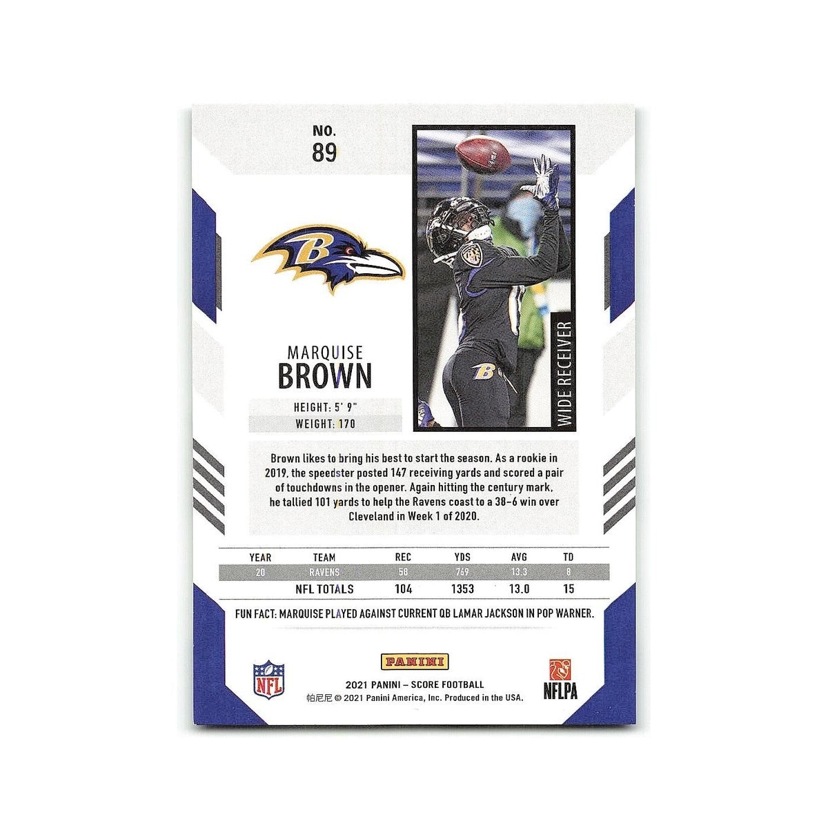 Marquise Brown 2021 Score #89 Baltimore Ravens Football Card NM