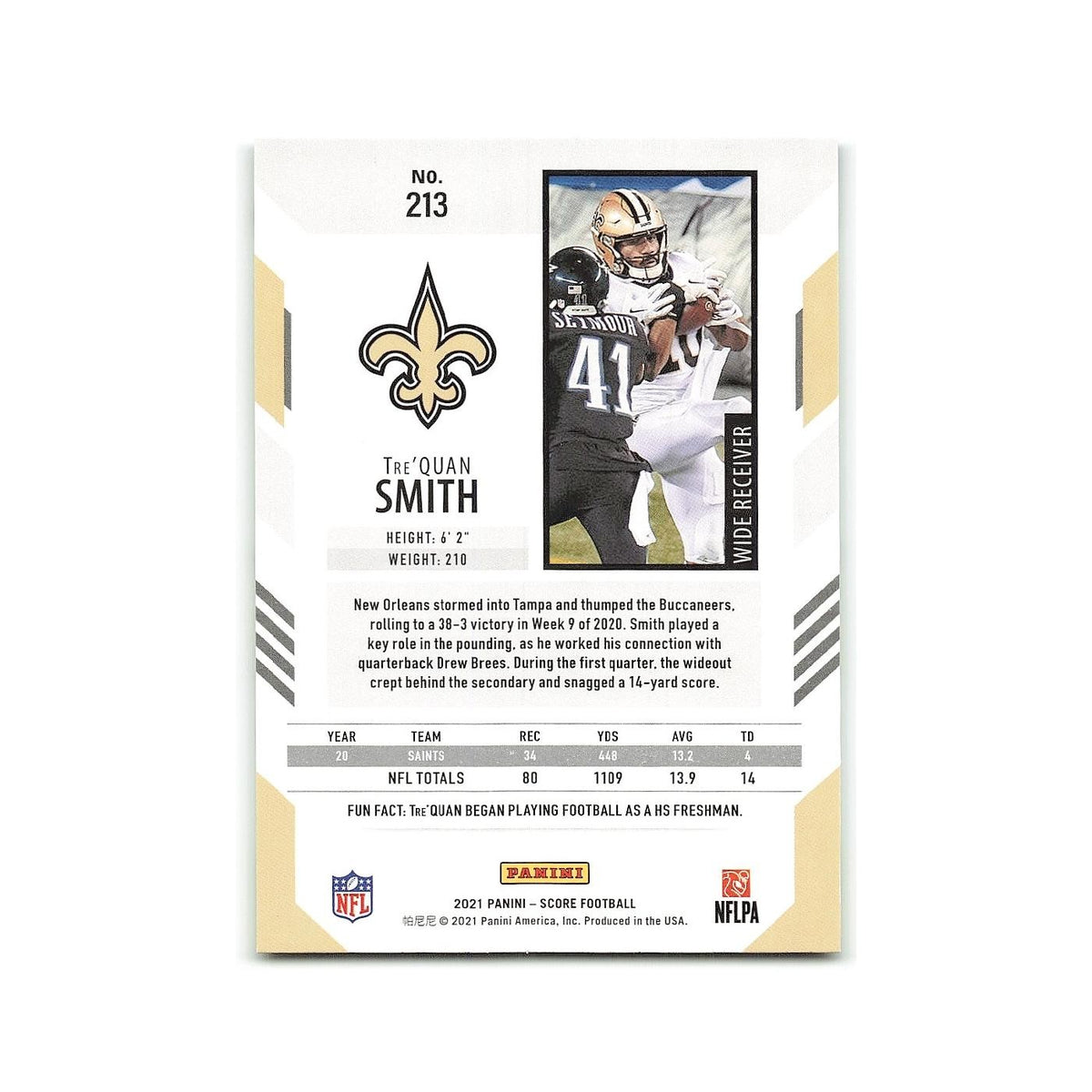 Tre'Quan Smith 2021 Score #213 New Orleans Saints Football Card NM