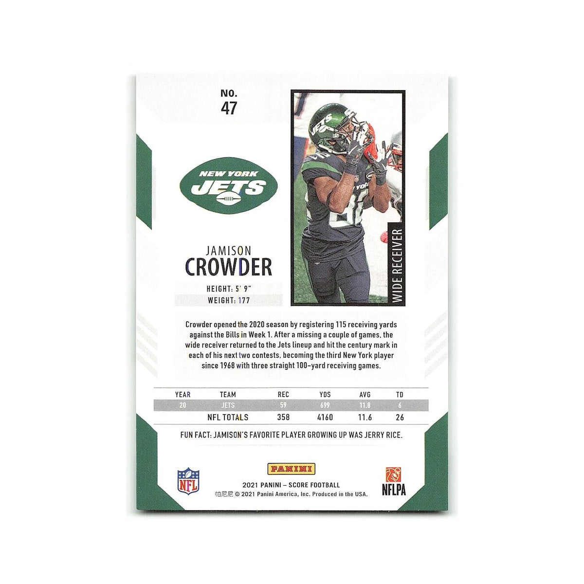 Jamison Crowder 2021 Score #47 New York Jets Football Card NM