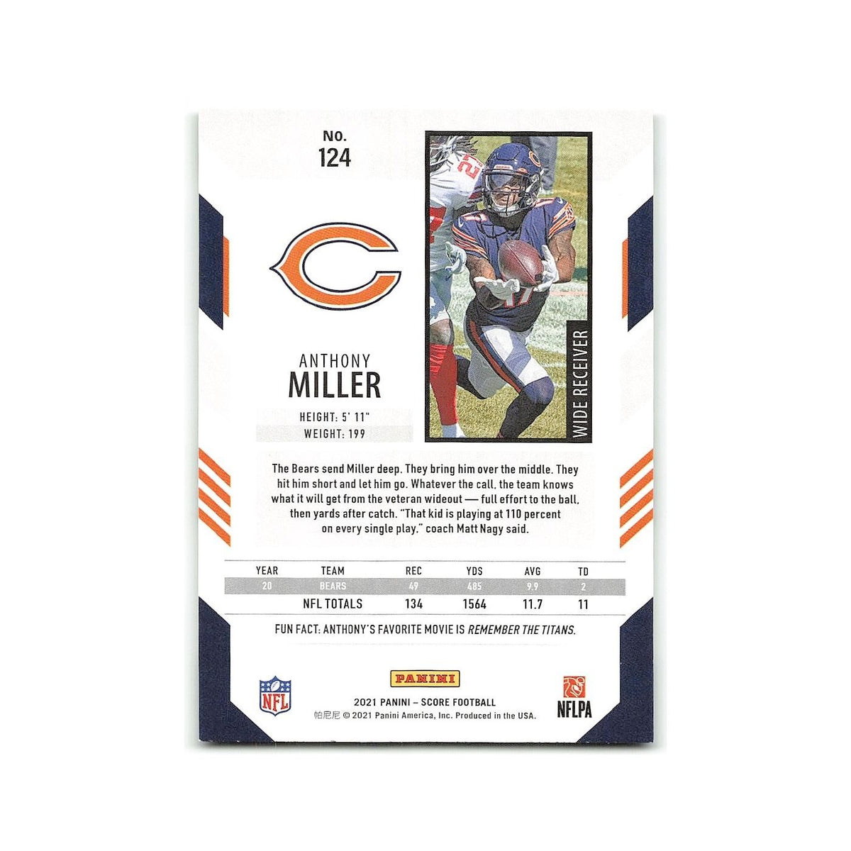 Anthony Miller 2021 Score #124 Chicago Bears Football Card NM