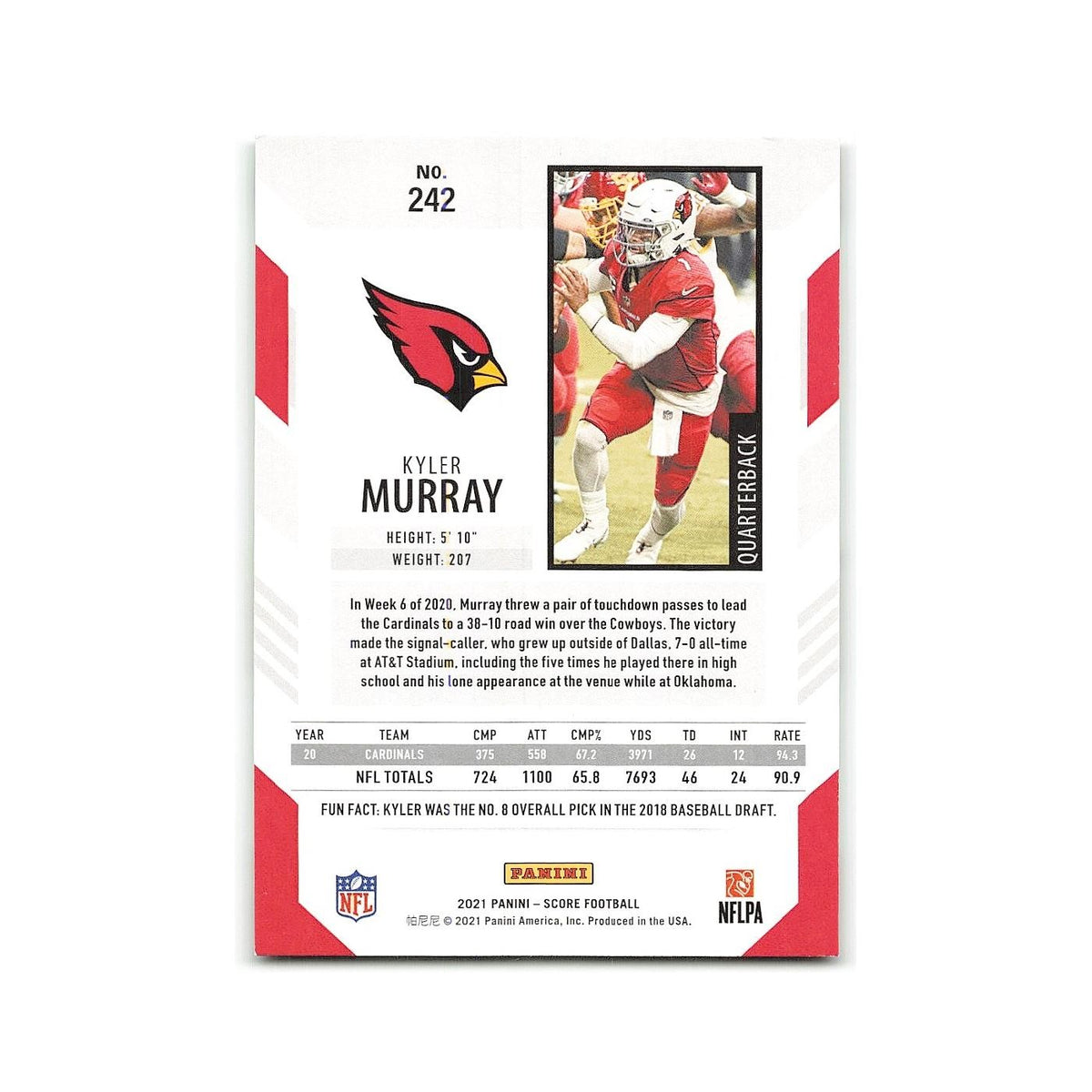 Kyler Murray 2021 Score #242 Arizona Cardinals Football Card NM