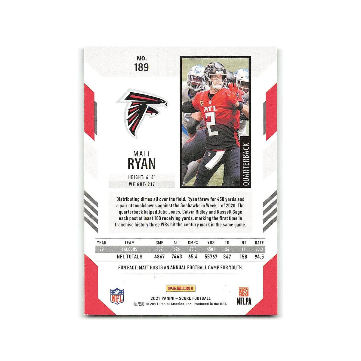 Matt Ryan 2021 Score #189 Atlanta Falcons Football Card NM