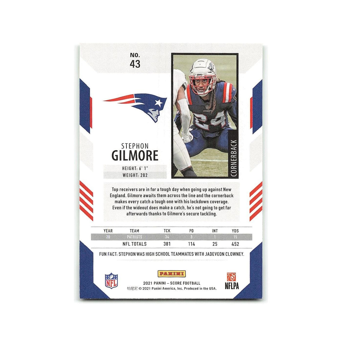 Stephon Gilmore 2021 Score #43 New England Patriots Football Card NM