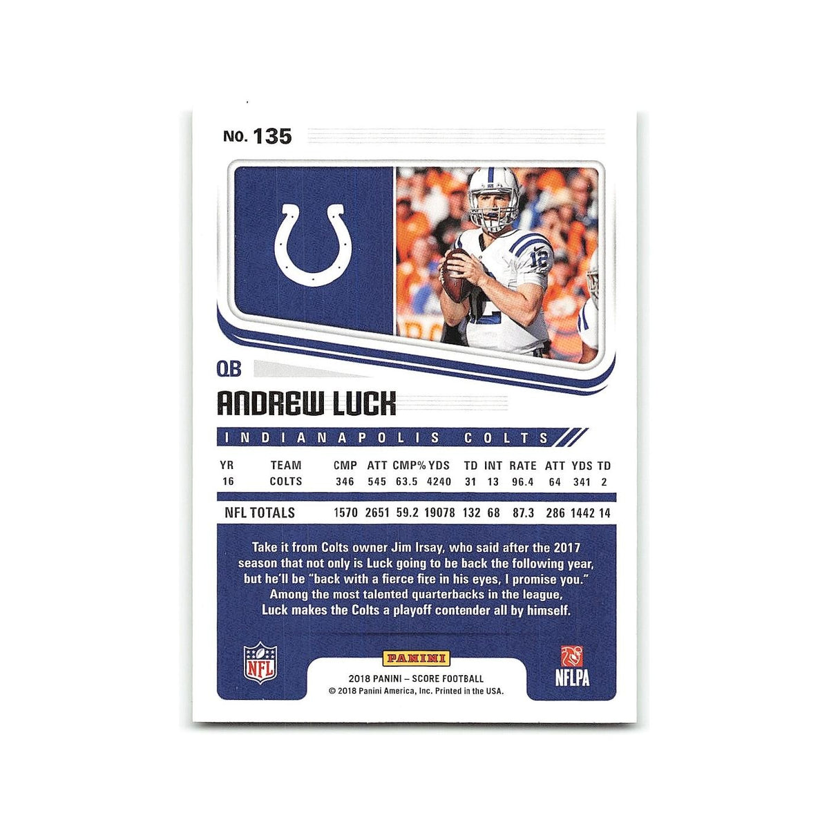 Andrew Luck 2018 Score #135 Indianapolis Colts Football Card NM