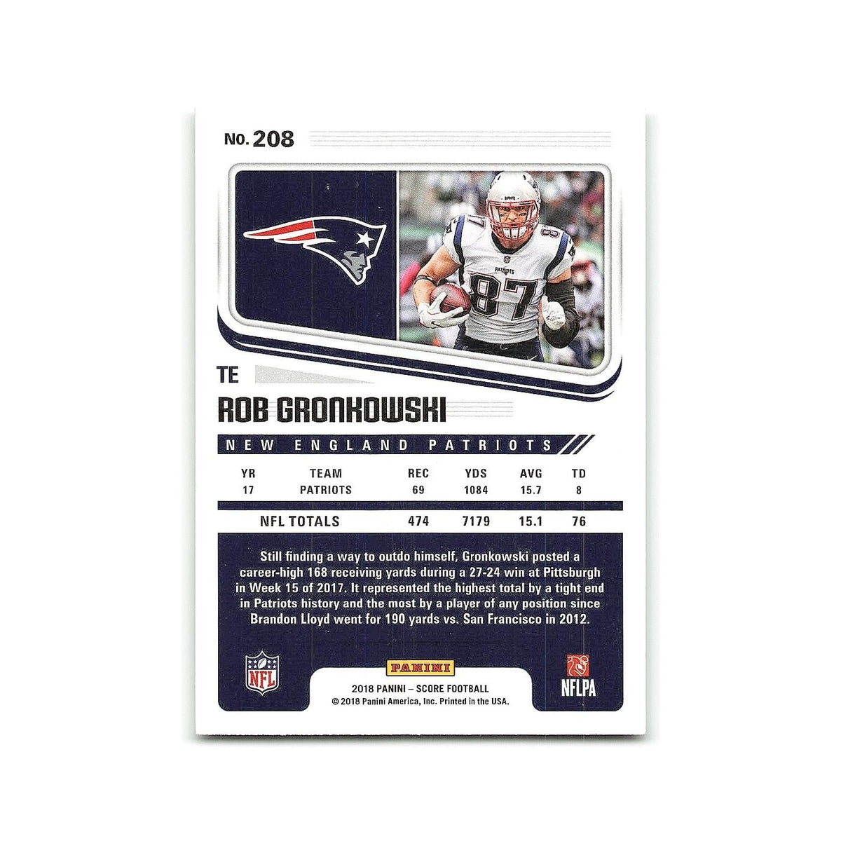 Rob Gronkowski 2018 Score #208 New England Patriots Football Card NM