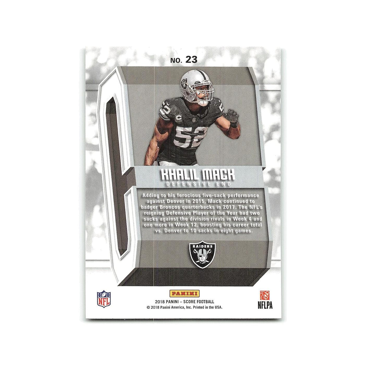 Khalil Mack 2018 Score Captains #23 Oakland Raiders Football Card NM