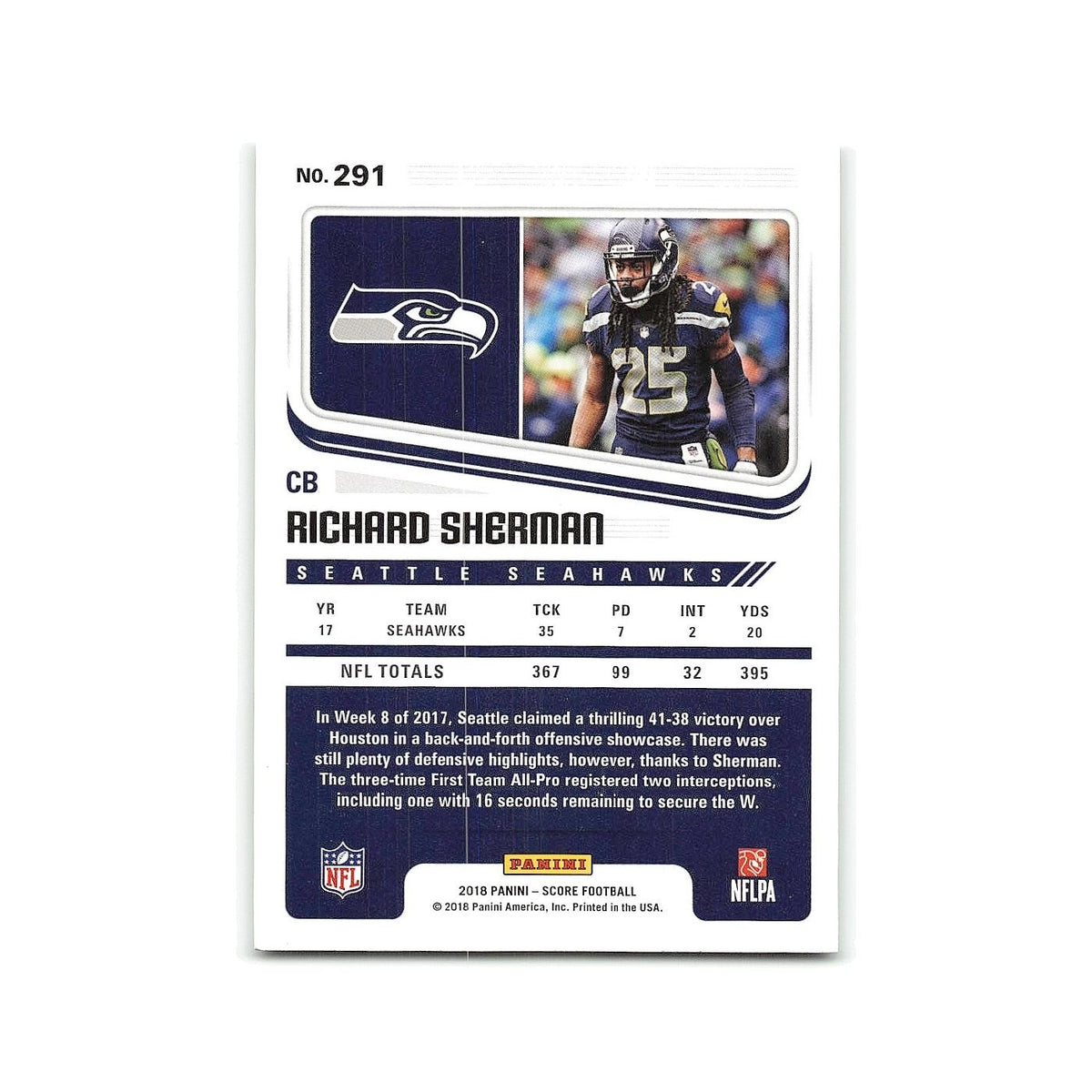 Richard Sherman 2018 Score #291 Seattle Seahawks Football Card NM