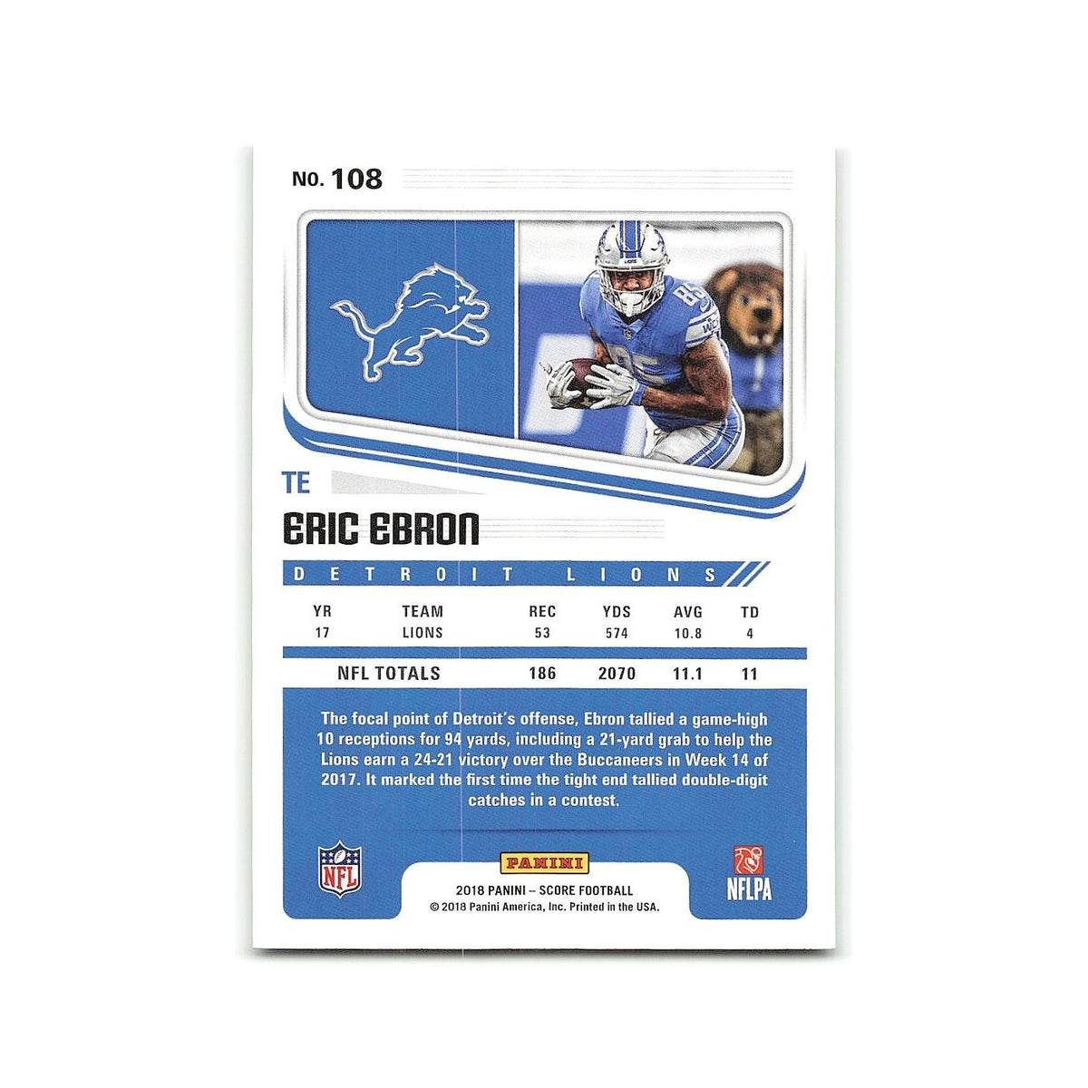 Eric Ebron 2018 Score #108 Detroit Lions Football Card NM