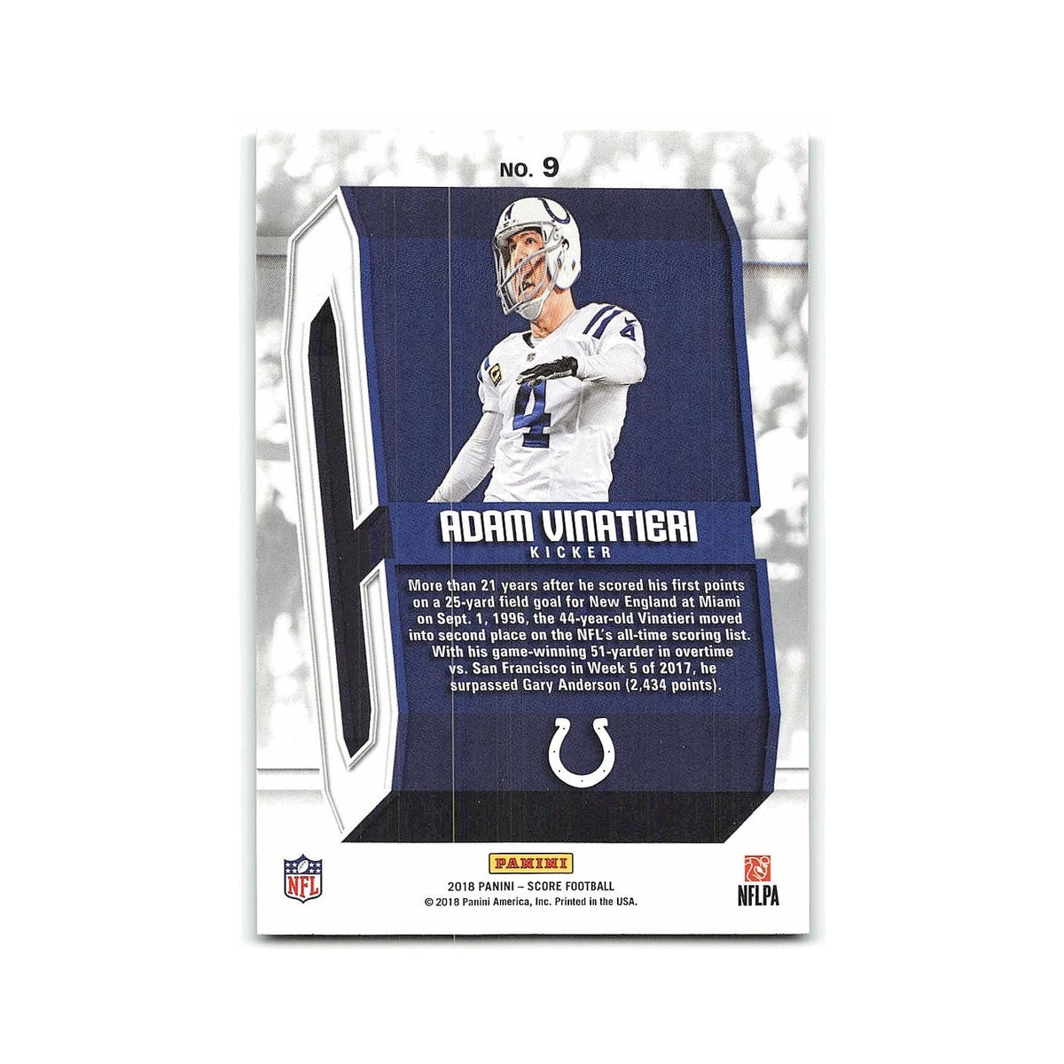 Adam Vinatieri 2018 Score Captains #9 Indianapolis Colts Football Card NM
