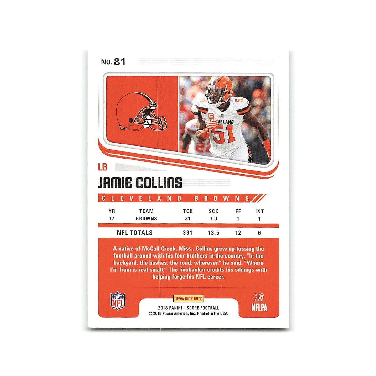 Jamie Collins 2018 Score #81 Cleveland Browns Football Card NM