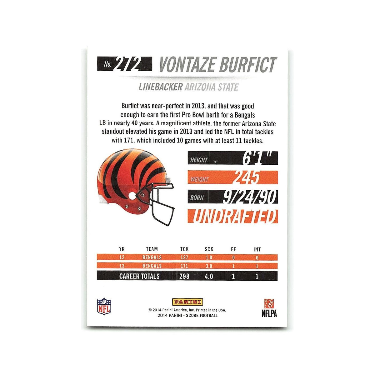 Vontaze Burfict 2014 Score #272 Cincinnati Bengals Football Card NM