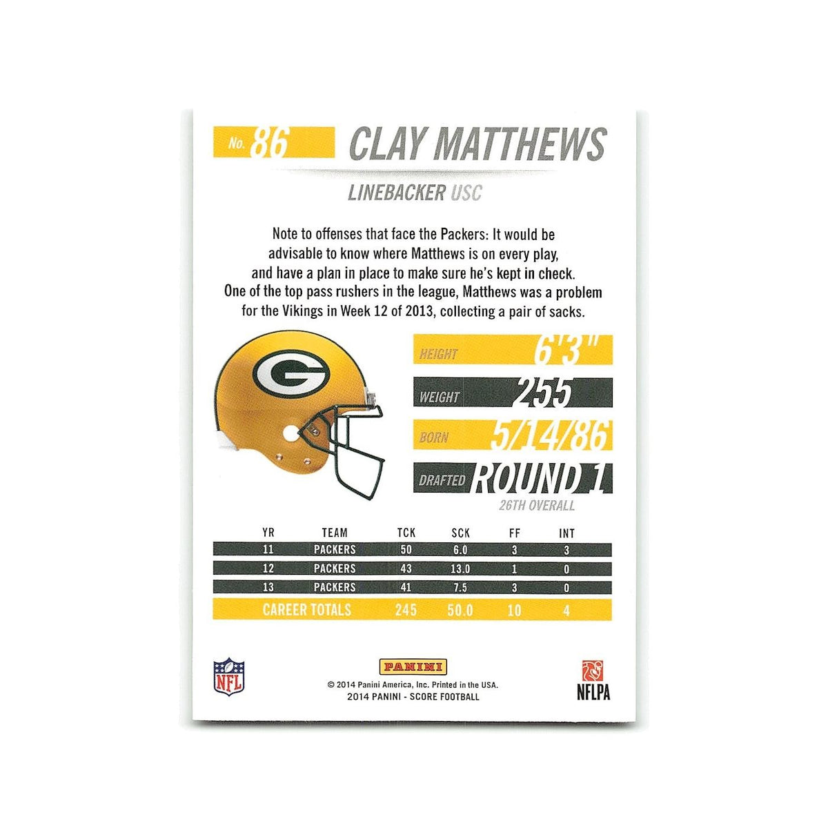 Clay Matthews 2014 Score #86 Green Bay Packers Football Card NM