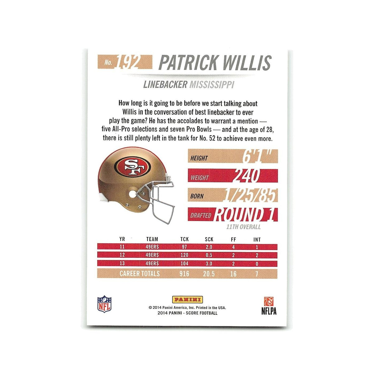 Patrick Willis 2014 Score #192 San Francisco 49ers Football Card NM