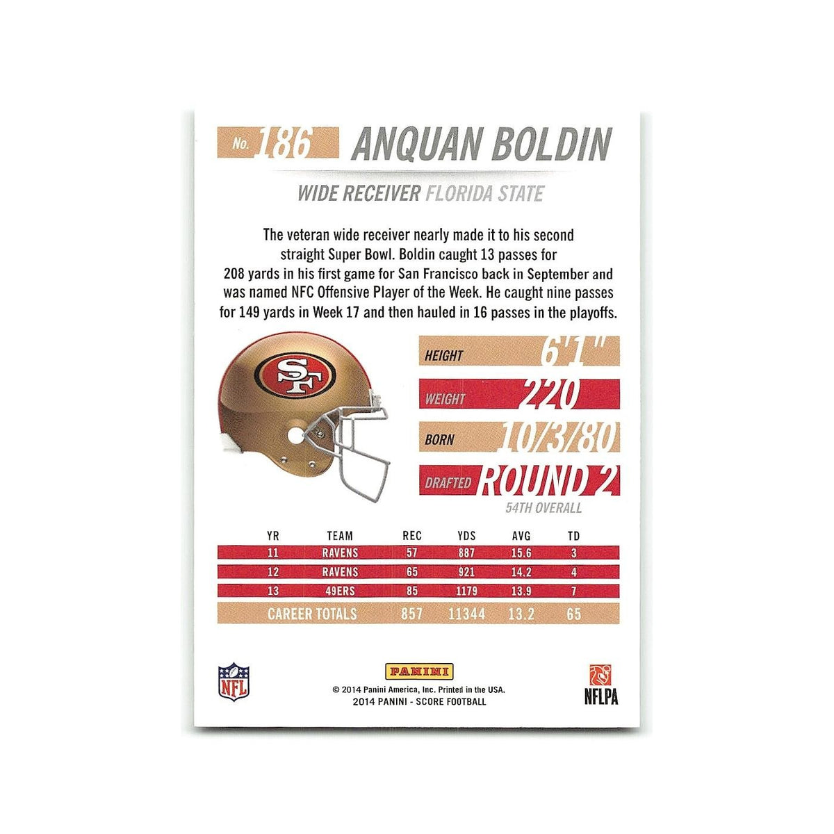 Anquan Boldin 2014 Score #186 San Francisco 49ers Football Card NM